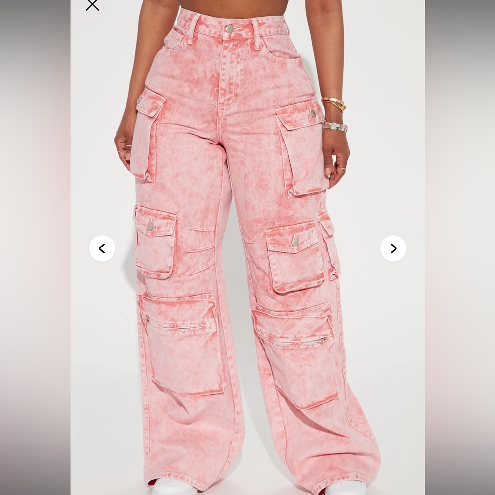 💖 Fashion Nova Lily Pink Cargo High Waisted Wide Leg Jeans Sz 5